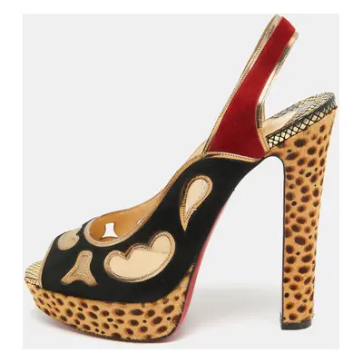 Christian Louboutin Multicolor Calf Hair and Suede Slingback Peep Toe Pumps Size