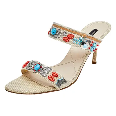 Sergio Rossi Beige Canvas Embellished Slide Sandals Size 39.5