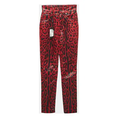 Dolce & Gabbana Red Leopard Print Denim Skinny Jeans Waist 26"