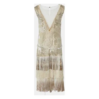 Class by Roberto Cavalli Gold Devore Fringe Detail Belted Sleeveless Dress