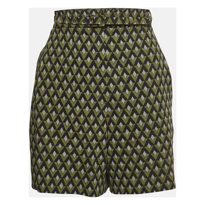 Prada Green Geometric Print Virgin Wool Belted Shorts