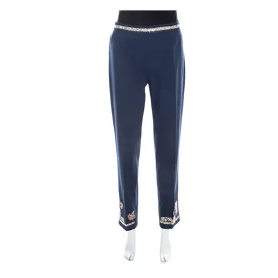 Moschino Navy Blue Cotton Embroidered Embellished Detail Fitted Trousers