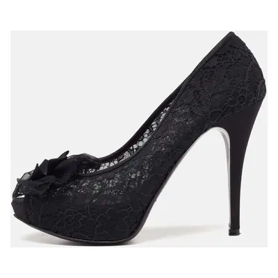 Dolce & Gabbana Black Floral Lace Bow Platform Peep Toe Pumps Size