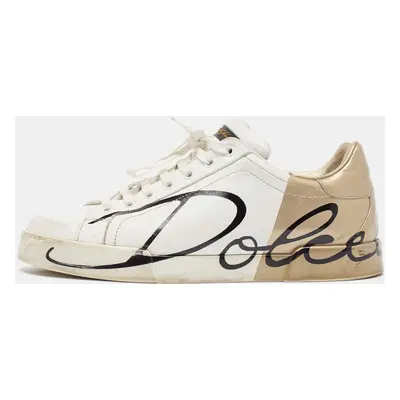 Dolce & Gabbana White/Gold Leather Portofino Lace Up Sneakers Size