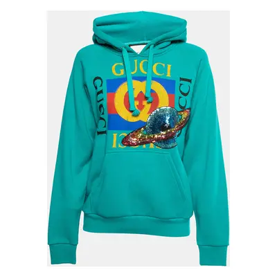 Gucci Teal Blue Cotton Planet Sequined Hooded Sweatshirt