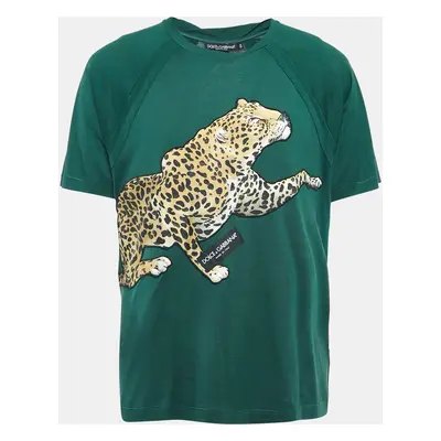 Dolce & Gabbana Green Leopard Applique Cotton Jersey T-Shirt