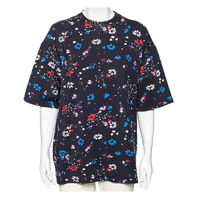 Balenciaga Navy Blue Floral Printed Cotton Oversized Short Sleeve T-Shirt