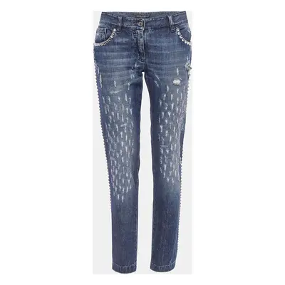 Dolce & Gabbana Blue Faded Denim Embellished Distressed Jeans Waist 32"