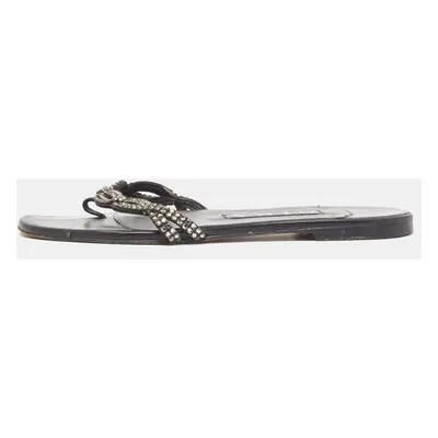 Gina Black Leather Crystal Embellished Flat Slides Size