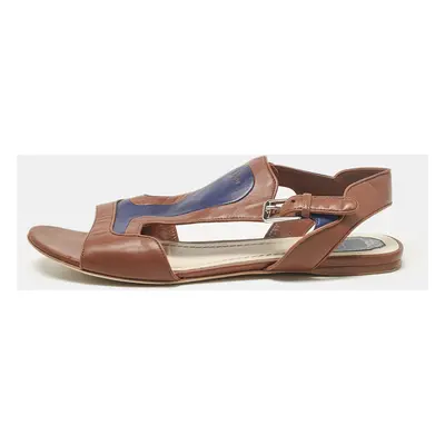 Dior Brown/Blue Leather Ankle Strap Flat Sandals Size 40.5