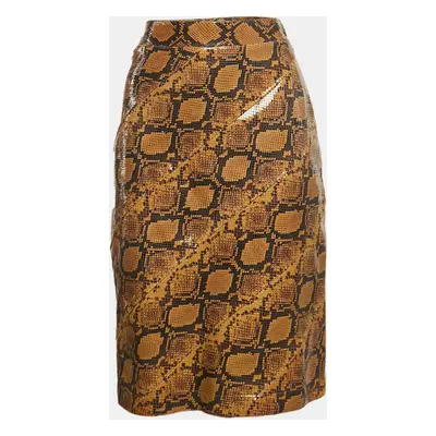 Alexander McQueen Brown Snakeskin Pattern Patent Leather Pencil Skirt