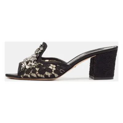 Dolce & Gabbana Black Lace and Mesh Bianca Slide Sandals Size