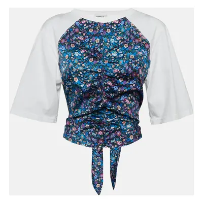 Sandro White/Blue Floral Print Cotton Knit and Crepe Ruched Top