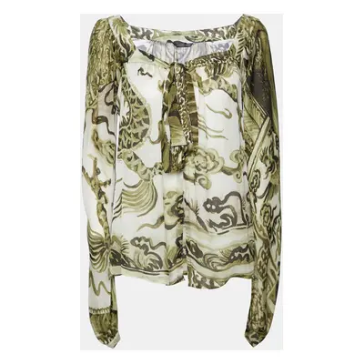 Roberto Cavalli Green Printed Silk Tie Detail Top