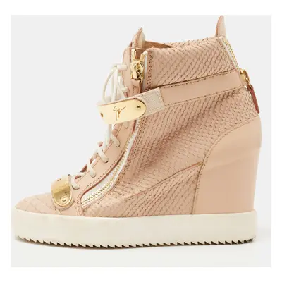 Giuseppe Zanotti Peach Pink Python Embossed Leather Coby Wedge Sneakers Size