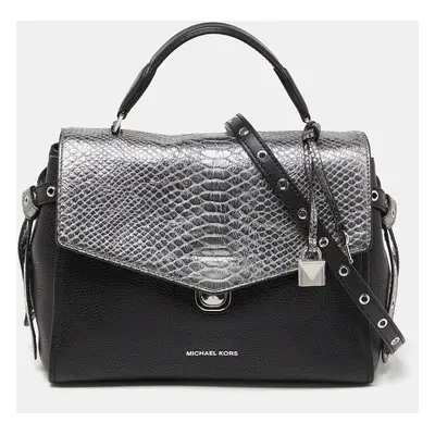 Michael Kors Black/Silver Leather and Snakeskin Embossed Leather Medium Bristol Top Handle Bag