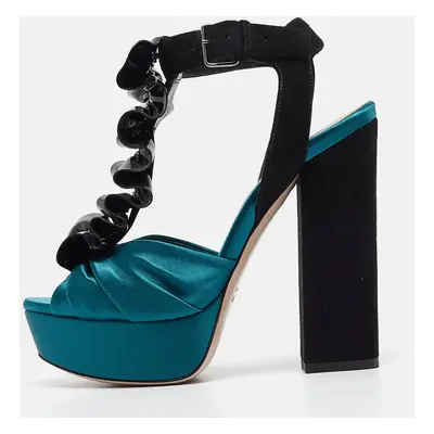 Miu Miu Black/Green Satin and Suede Ankle Strap Sandals Size