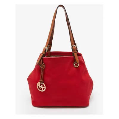 Michael Kors Red/Brown Canvas and Leather Large Raven Shoulder Bag