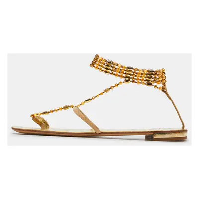 Giuseppe Zanotti Beige/Gold Leather Crystal Embellished Chain Thong Flat Sandals Size 38.5