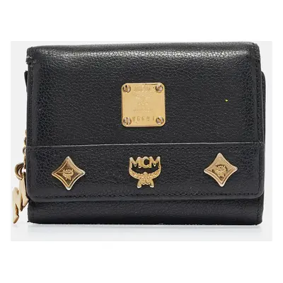 MCM Black Leather Studded Trifold Compact Wallet