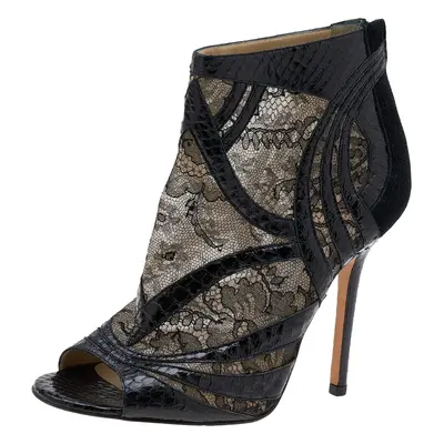 Jimmy Choo Black Snakeskin and Lace Peep Toe Booties Size 37.5