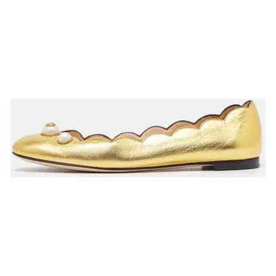 Gucci Gold Scalloped Leather Interlocking G Faux Pearl Ballet Flats Size