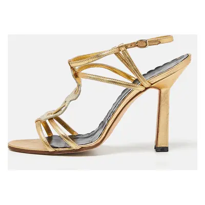 Manolo Blahnik Gold Embossed Leather Ankle Strap Sandals Size 39.5