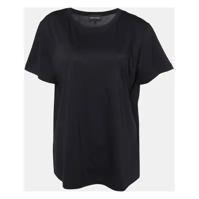 Emporio Armani Black Velour Pattern Cotton Knit T-Shirt