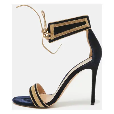 Gianvito Rossi Navy Blue/Gold Velvet Augusta Ankle Cuff Sandals Size