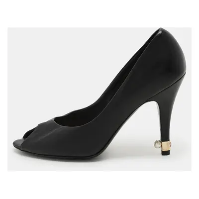 Chanel Black Leather CC Embellished Peep Toe Pumps Size