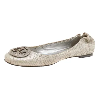 Tory Burch Silver Python Embossed Leather Reva Ballet Flats Size 38.5