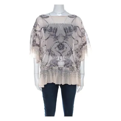 Roberto Cavalli Cream and Brown Silk Chiffon Botanical Print Top