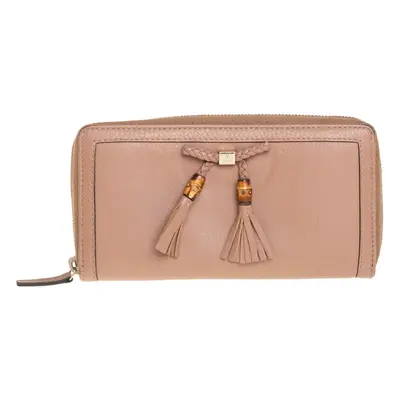 Gucci Beige Leather Bamboo Tassel Bow Zip Around Wallet