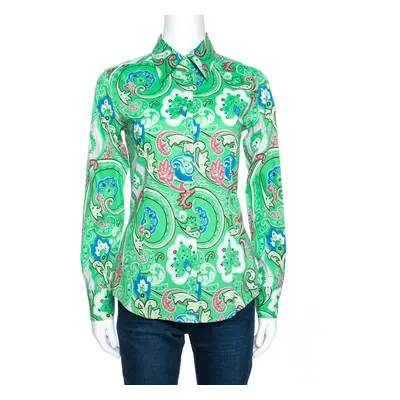 Etro Green Floral Paisley Print Stretch Cotton Shirt