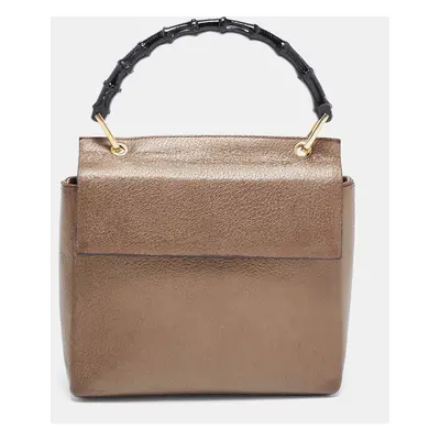 Gucci Bronze Leather Bamboo Flap Top Handle Bag