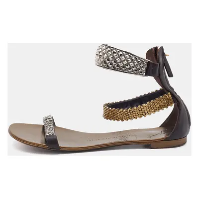 Giuseppe Zanotti Dark Brown Leather Embellished Ankle Strap Flats Size