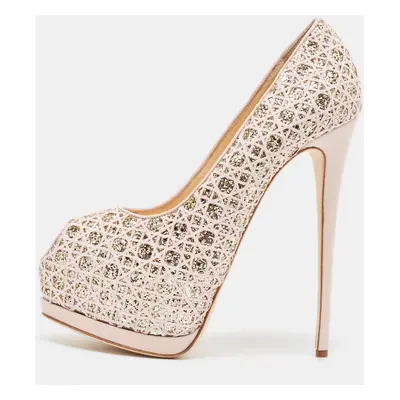 Giuseppe Zanotti Pink Glitter Lace and Leather Sharon Platform Peep Toe Pumps Size