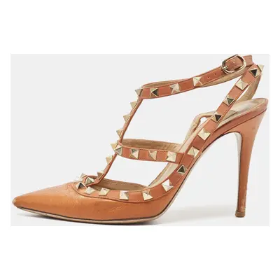 Valentino Brown Leather Rockstud Ankle Strap Pumps Size