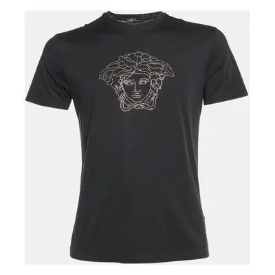 Versace Black Cotton Medusa Embellished Crew Neck T-Shirt