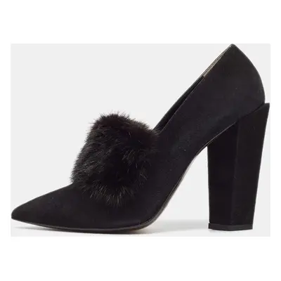 Fendi Black Mink Fur and Suede Block Heel Pumps Size