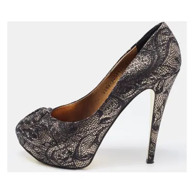 Gina Black/Silver Brocade Fabric Pleated High Heel Platform Pumps Size 39.5