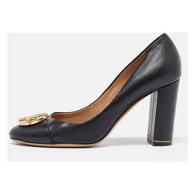 Salvatore Ferragamo Black Leather Buckle Block Heel Pumps Size