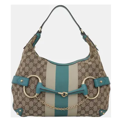 Gucci Blue, Brown Leather, Canvas Oversized Horsebit Hobo Bag