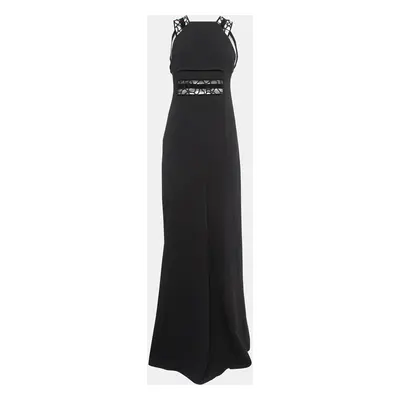 Roland Mouret Black Stretch Crepe Embroidered Lace Trim Gown