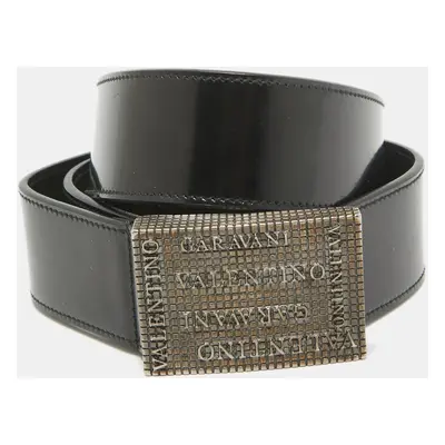 Valentino Black Patent Leather Logo Square Buckle Belt