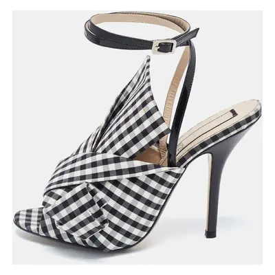 N21 Black/White Fabric Gingham Ankle Wrap Peep Toe Sandals Size 38.5