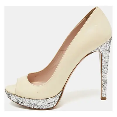 Miu Miu Cream Patent Leather And Coarse Glitter Peep Toe Platform Pumps Size 36.5