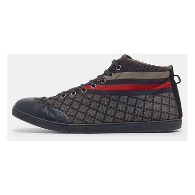 Gucci Navy Blue Leather and Diamante Web Print Nylon High Top Sneakers Size 42.5