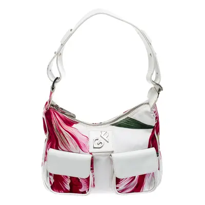 Gianfranco Ferre White/Pink Floral Print Canvas and Leather Pocket Shoulder Bag