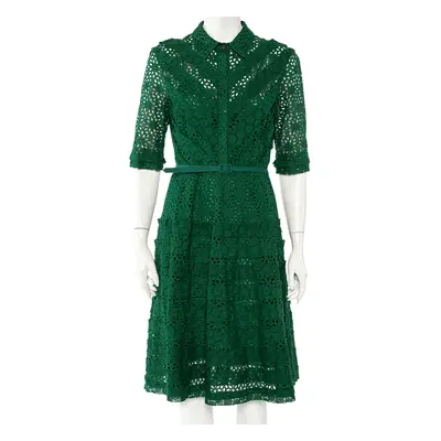 Oscar de la Renta Green Eyelet Lace Belted Midi Dress